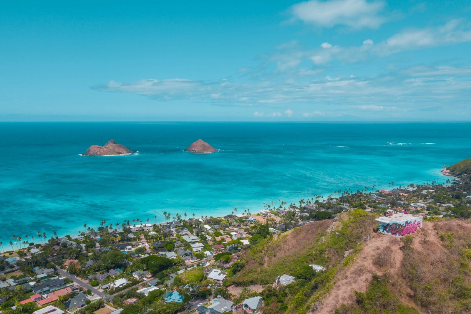 Aerial view over Lanikai Beach in Kailua toward the Mokulua Islands